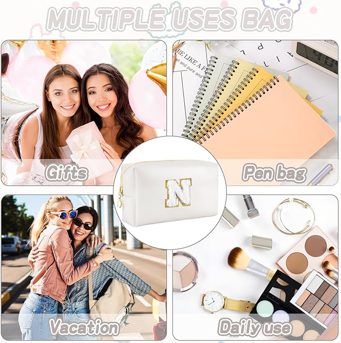 URSKYTOUS Gifts for Girls Initial Makeup Bag Personalized Cosmetic Bag with Zipper Cute Travel Toiletry Bags Waterproof PU Preppy Makeup Pouch Birthday Gift for Teen Girls Women(White N)