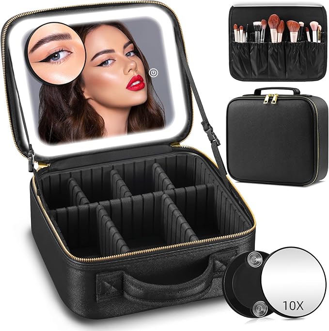 Jadazror Makeup Bag with Mirror and Light 3 Colors, Travel Make up Bag with Mirror Portable Lighted Makeup Case Organizer Cosmetic Case with 2-Layers Adjustable Dividers & 10X Magnifying Mirror(Black)