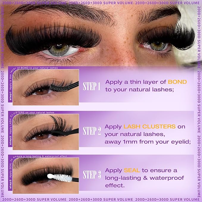 EYDEVRO Fluffy Lash Clusters Kit 12-24mm Long Eyelash Clusters Kit 200D260D300D Mega Volume Cluster Eyelash Extensions Dramatic Full Mink Cluster Lashes Kit with Lash Bond and Seal Lash Brushes