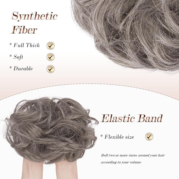 FESHFEN Messy Bun Hair Piece - Wavy Synthetic Chignon Scrunchies for Instant Volume, Elastic Bun Ponytail Hair Extensions Thick Hairpieces for Women, Salt and Pepper 1.50 oz