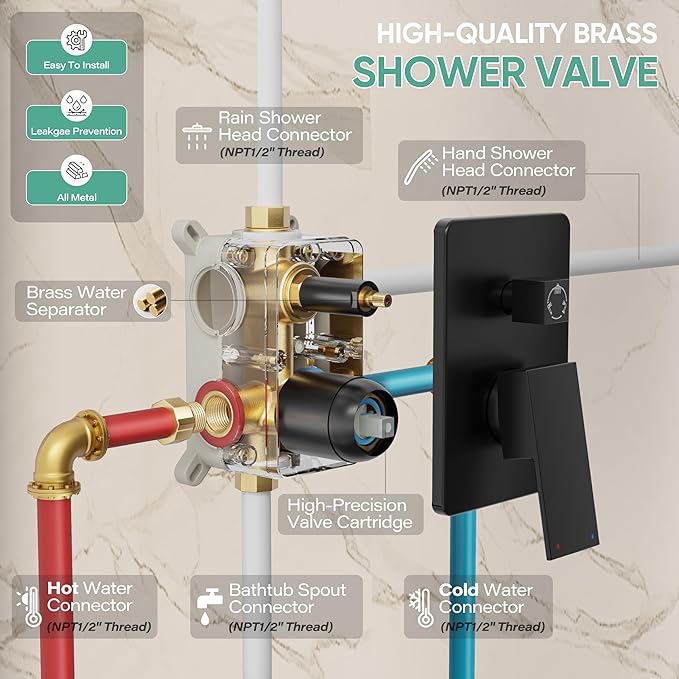 HoliSpa Black Shower System with Tub Spout, All Metal Tub Shower Faucet Set with 10" Rain Shower Head and Handheld Spray combo, Wall Mounted Tub Shower Systems with Valve and Trim Kit, Matte Black