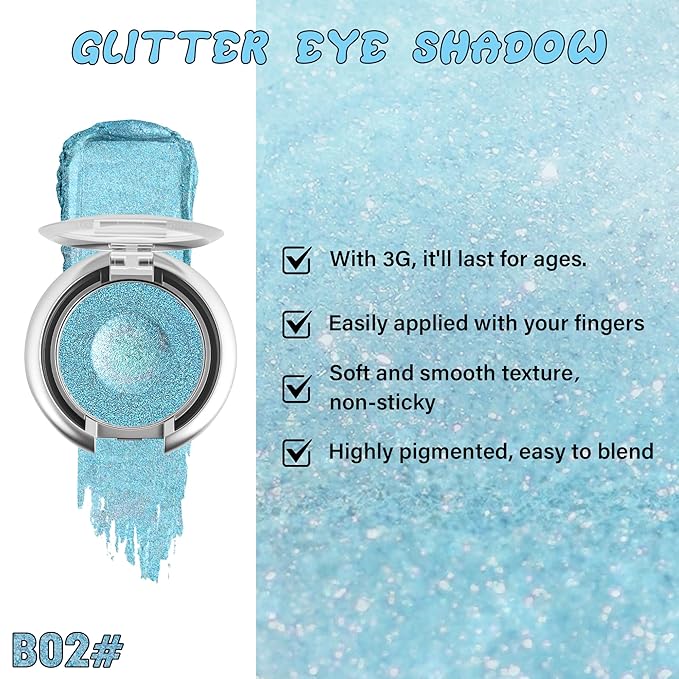 Glitter Eyeshadow,Multichrome Holographic Blue Shimmer Eye Shadow,Chameleon High Pigmente Sparkly Shadows Palette，Iridescent Metallic Eye Highlighter，Makeup for Rave，LongWear,02#