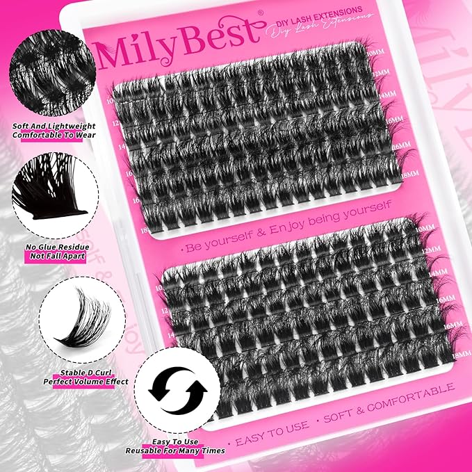 MilyBest Fluffy Lash Clusters Thick 100D 150D Volume Eyelash Clusters 10-18mm Wispy Individual Lashes D Curly Cluster Eyelash Extensions DIY Lash Extension for Beginners