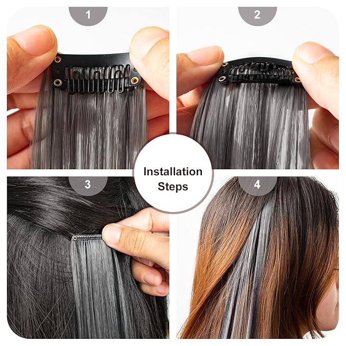 Colored Hair Extensions 14 PCS, 22 In Rainbow Gray Clip in Hair Extensions Party Highlights, Colorful Long Straight Synthetic Hairpieces for Girls Women Kids Cosplay Gift(Dark Grey)