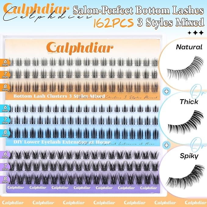 calphdiar Bottom Lash Clusters Lower Lashes Extensions 3 Styles Bottom Eyelash Clusters 6-8mm Bottom Lashes Individual Clear Band Natural Cluster Eyelashes Salon-Effect Bottom Lash cluster (162pcs)