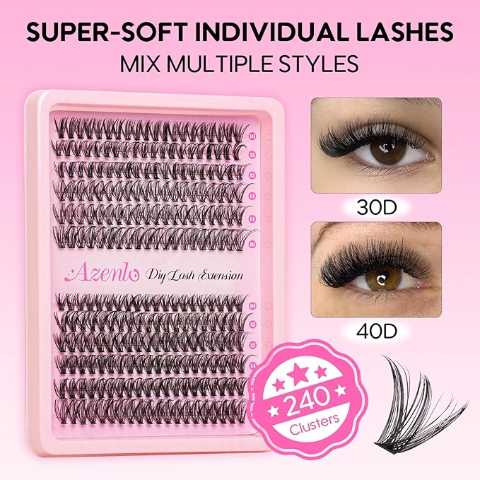 Lash Extensions Cluster DIY Lashes 240pcs 30D 40D 10-16mm Eyelash Clusters Individual Lashes Lash Kit Think Band Lash Kit(30D+40D Kit)
