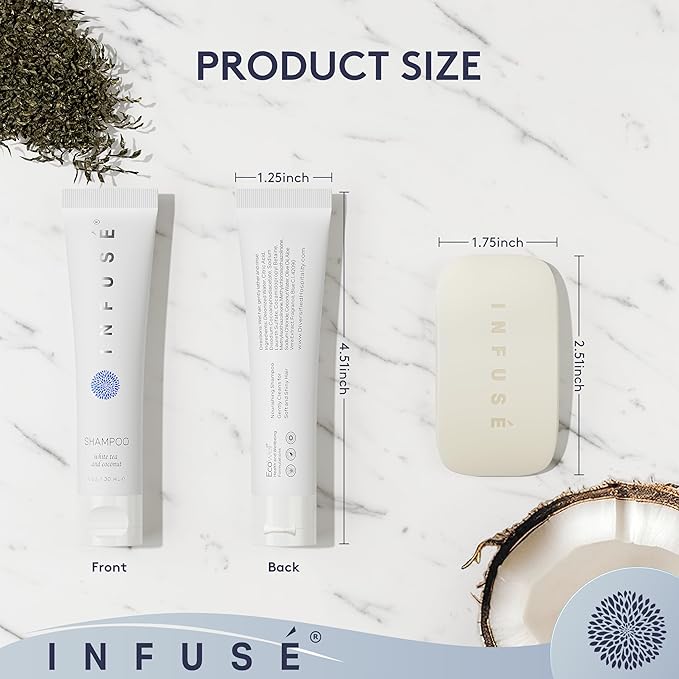 Infuse Pure White Tea and Coconut Hotel Soaps and Toiletries Bulk Set | 1-Shoppe All-In-Kit for Airbnb | 1oz Shampoo & Conditioner, Body Wash, Lotion & 1.25oz Bar Soap | Travel Size 150 Pieces
