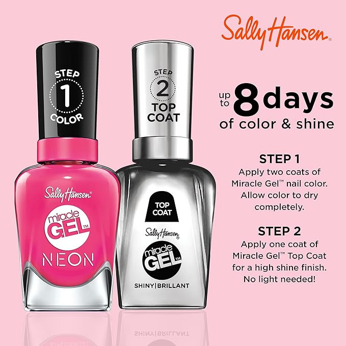 Sally Hansen Miracle Gel Salon Quality Nail Polish | Gel-Like Formula, Two-Step System, No UV Light Needed, Long Lasting | Opaque, Neon | 50 Fuchsia Fever | Bright Pink Nail Color