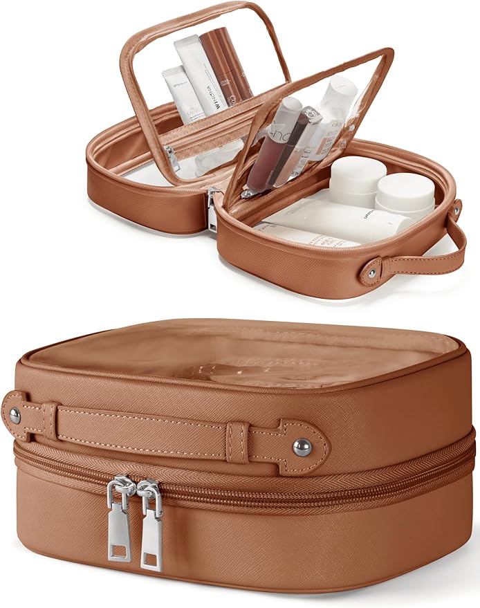 Oaque Clear Cosmetic Bag Double Layer Travel Toiletry Bag Clear Makeup Bag Case with 4 Compartments, Transparent Travel Bag for Toiletries, Large Toiletry Bag for Women Cosmetic Case (Brown, Small)
