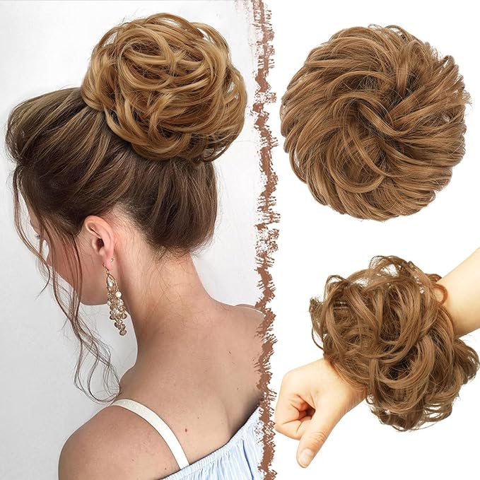 FESHFEN Messy Bun Hair Pieces - Large Wavy Curly Elastic Hair Bun Scrunchies Ponytail Extensions Synthetic Chignon Hairpieces for Women, Strawberry Blonde 1.94oz