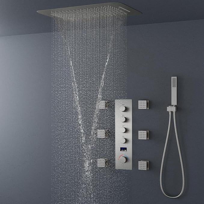 AYIVG Brushed Nickel Thermostatic Rainfall Full Body Shower System With 2 In 1 Waterfall Rainfall Ceiling Mount 16 X 24 Inch Rain Shower Head 6 Jets Temperature Display Shower Faucet Set