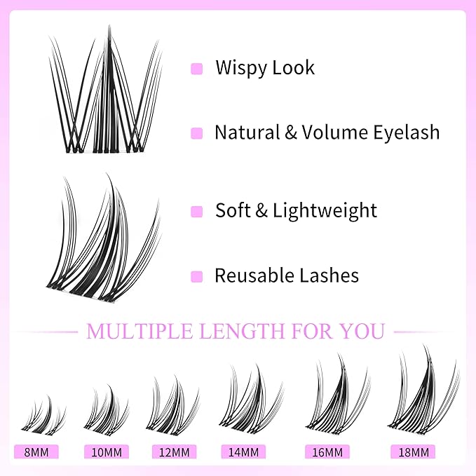 VEYESBEAUTY Manga Lash Clusters Eyelash Extensions Thin & Invisible Band DIY Individual False Eyelashes Newbie's Five-Second Series Wispy Lash Tray for Self-application, Lashes 8-18mm Mixed Length