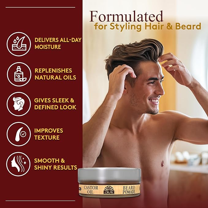 Okay | Men's Castor Oil Beard and Hair Pomade | For All Hair Types & Textures | All Day Hold | Sleek, Defined Look | Free of Silicone & Paraben | 4 oz, Brown (Okay-MENBHPOM2)