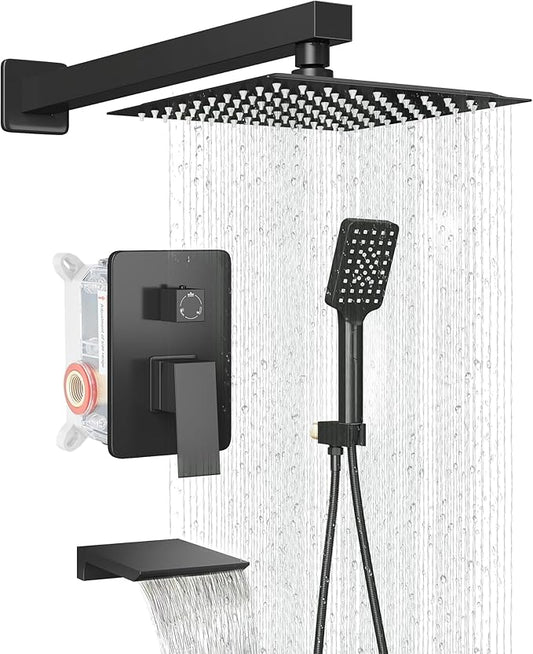 LCEVCGK Shower Faucet Set Complete Matte Black Shower System with 8 inch Square Rainfall Shower Head 3-Function Handheld Shower Waterfall Bathtub Spout Rain Shower Combo Set Bathroom Wall Mounted