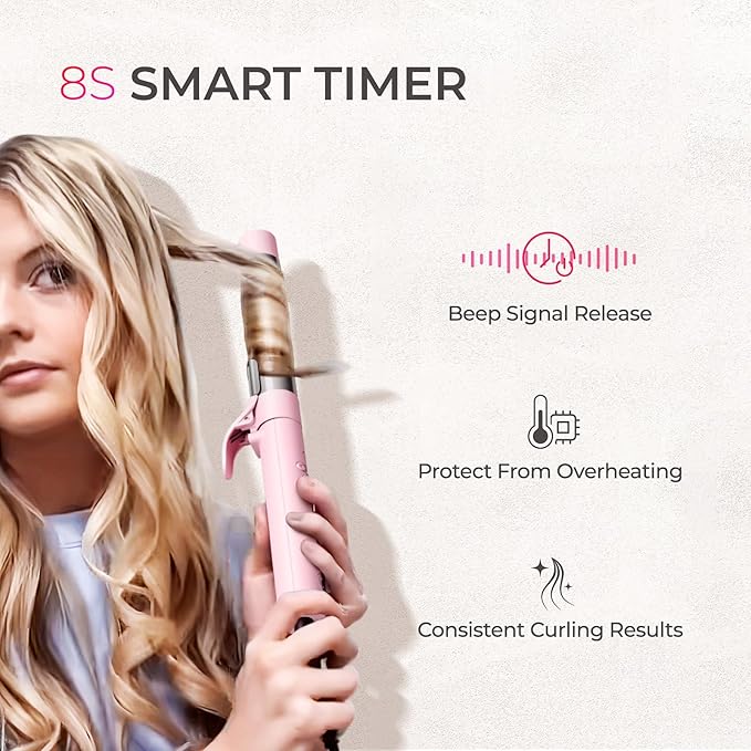 Rotating Automatic Curling Iron for Beach Waves - TYMO Curling Wand for Long Hair, Extra Long Barrel Ceramic Hair Curler for Women, 40M Ionic & Dual Voltage, 5 Temps & 30s Heat-up, 1.25 Inch, Pink