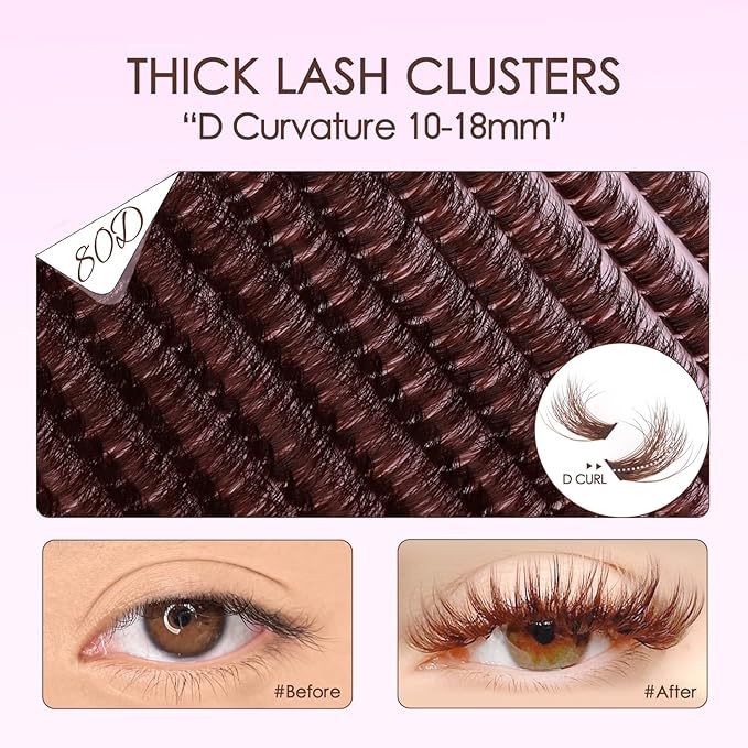 Brown Lash Clusters Dark Brown 80D Individual Cluster Lashes 10-18mm Volume Eyelash Extension Cluster Eyelash Extensions 3D Thick Lash Clusters Wispy Lashes Clusters(Brown 80D-10-18MIX)