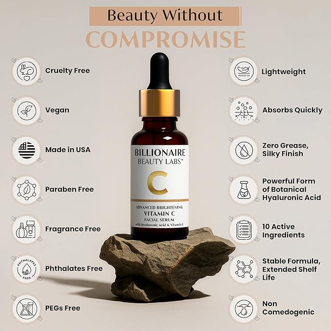 Billionaire Beauty Labs Vitamin C Serum for Face with Hyaluronic Acid, Vitamin E & Botanical Extracts – Advanced Facial Serum for Radiance, Hydration & Smoother Skin, 60ml 2oz