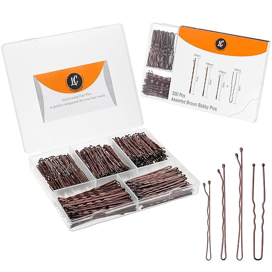 300 Pack Brown Bobby Pins Set by Luxurecourt, 3 Assorted Sizes of Large and Small Premium Bobby Pins + Regular Size U Shaped Hair Pins for Buns, Updo Style - Nonslip with Rounded Ends.