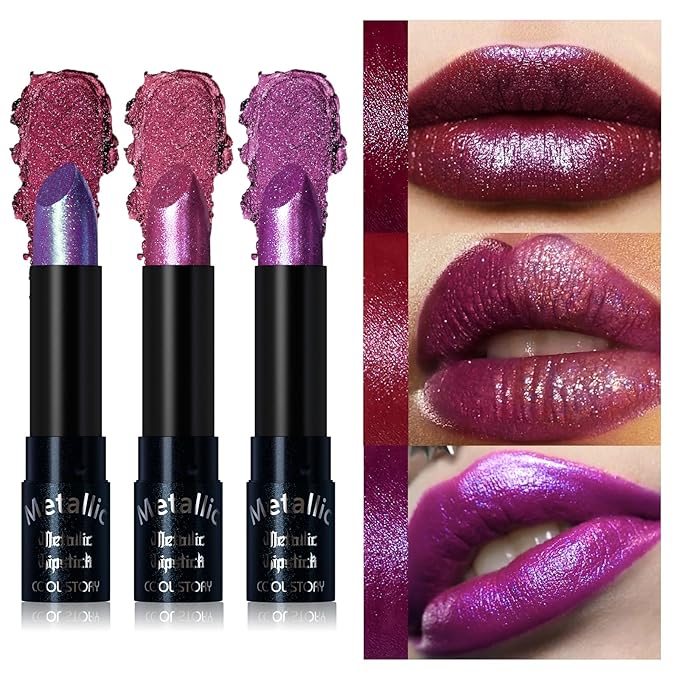Metallic Glitter Lipstick Set Shimmering Colors Long Lasting Waterproof Plump Matte Moisturizing (Set-D)