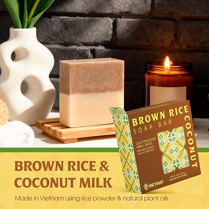 VIETNAT Brown Rice & Coconut Milk Soap Bar (Pack of 5) – 2-in-1 Exfoliating & Moisturizing Handmade Soap, Cold Process Bar with Brown Rice & Coconut Oil, Made in Vietnam