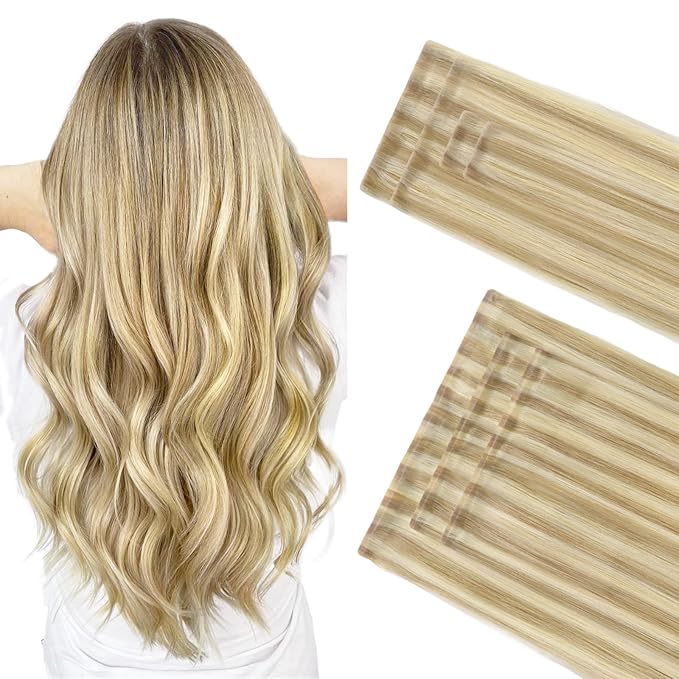 GOO GOO Invisi Edge Clip in Hair Extensions Set, 18inch 140g, 4pcs Injected Seamless PU Clip ins and 3pcs Classical PU Clip ins, Virgin Real Human Hair, #P16/22A