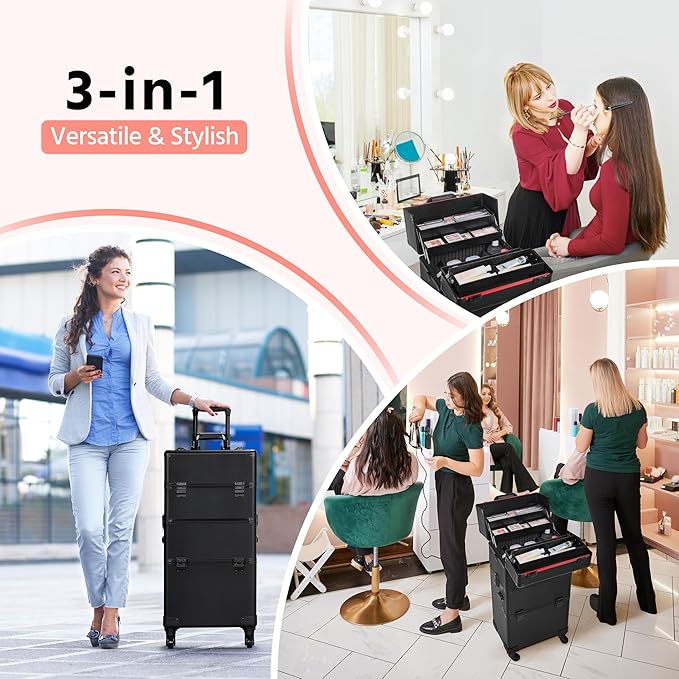 Yaheetech Makeup Train Case 3 in 1 Professional Cosmetic Trolley Multi-Functional Organizers Large Storage Traveling Cart Trunk for Nail Tech - Black