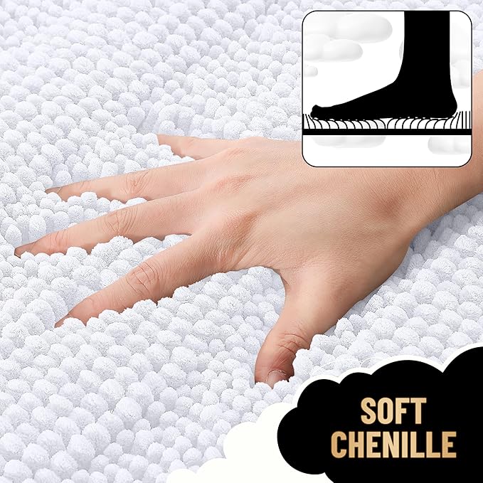 OLANLY Thick Bathroom Rugs 30x20, Extra Soft Absorbent Chenille Striped Bath Rugs, Rubber Backing, Machine Wash Dry, Bath Mats for Bathroom Floor, Tub and Shower, Home Decor Accessories, White