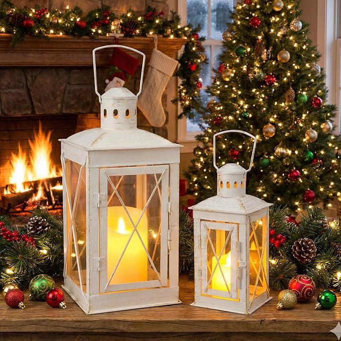 TRIROCKS Set of 2 Decorative Candle Lantern 12'' & 8'' High Metal Candle Holder Hanging Lantern Perfect for Home Decor Patio Living Room Parties Events Tabletop Indoors Outdoors (White)