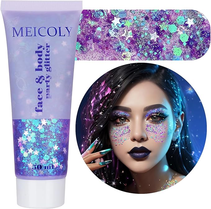 MEICOLY Light Purple Hair Glitter,Holographic Chameleon Purple Mermaid Face Glitter,Self-Adhesive Glitter Face Paint,Mardi Gras Outfit for Women,Rave Glitter Makeup Sparkle Chunky for Festival