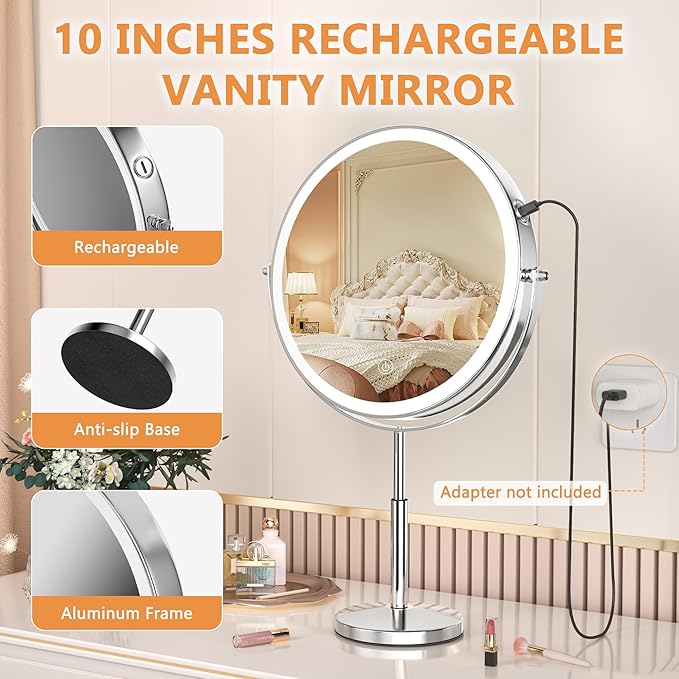Hasipu 10” LED Makeup Mirror with 7X Magnification - Rechargeable Vanity Mirror, 3 Color Modes, Touch Control, 360° Rotation & Adjustable Height