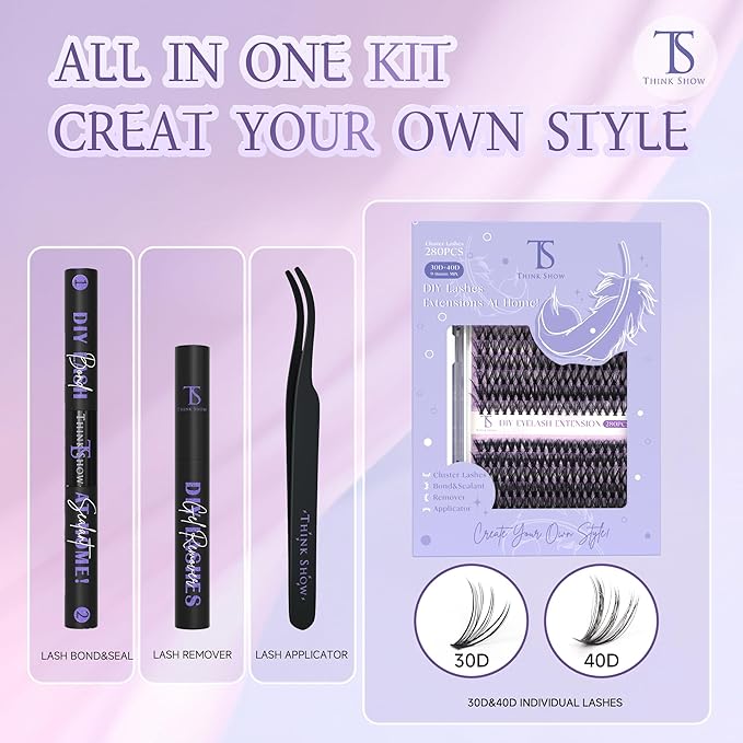 THINK SHOW 280PCS Lash Clusters Kit-30D & 40D Volume Lashes Clusters, 9-16mm Natural and Wispy Lash Clusters Kit, Easy Apply at Home, Reusable & Cruelty Free Cluster Eyelash Extensions