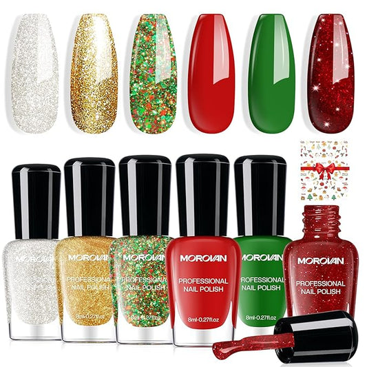 Morovan Christmas Nail Polish Set: 2025 Glitter Red Green Gold Silver Fingernail Polish Kit with Sticker Winter Quick Dry Regular Nail Polish Pack Manicure Gifts for Women Girls Holiday Party