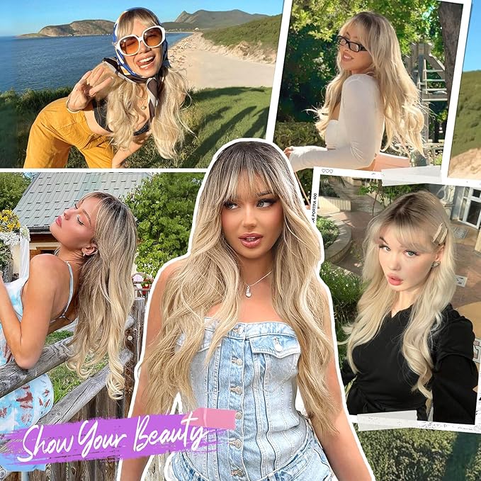 Long Ombre Blonde Wig with Bangs for Women,4x4 Realistic Scalp,Free Parting,Layered Hairstyle Synthetic Heat Resistant for Daily Party Use 26 inch