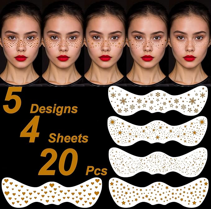 20PCS Glitter Freckles Face Tattoo, 4 Sheets/5 Styles Face Glitter Freckles for Festival & Rave, Waterproof Temporary Face Glitter Freckle Tattoo for Halloween Christmas Concerts Sparkle Makeup (Gold)