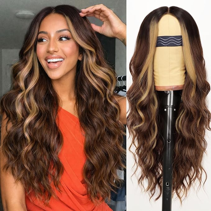 AISI HAIR Brown Highlight Wig for Women, Long Wavy Lace Hairline Middle Part Synthetic Heat Resistant Wig for Daily Party-26 Inch