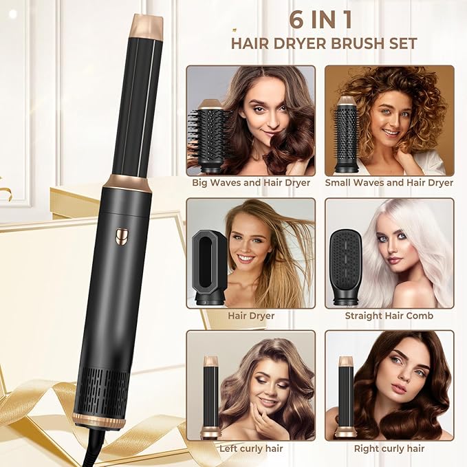 Blow Dryer Brush 6 in ONE, Curling Wand Hair Styling Tools Set, Ionic Hot Air Hair Dryer, Massage Oval Hair Dryer, Left&Right Hair Curlers 100-120V (White)
