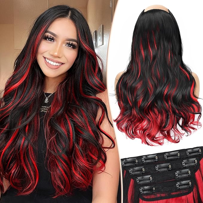 KooKaStyle Clip In Hair Extensions, Natural Long Layered Soft Invisible Synthetic Curly Wavy Hairpieces for Women, 4 pcs (20 Inch,Black Mix Red Highlights)