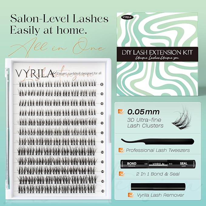 Lash Clusters Kit 0.05mm Individual Lashes, 3D Wispy Lashes, 0.1mm Super Thin Band Resuable Natural Lashes,D Curl Faux Mink Lashes,108pcs Lash Extension (Green Soul-D-0.05-8-16mix-Kit)
