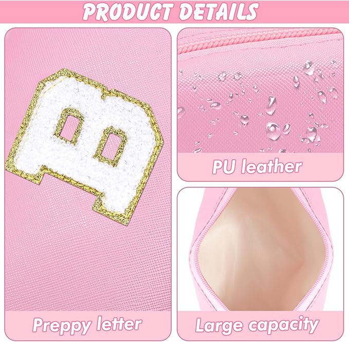 URSKYTOUS Initial Makeup Bag Personalized Preppy Travel Small Cosmetic Bag Cute PU Pink Chenille Letter Makeup Pouch for Purse Waterproof Zippered Toiletry Organizer for Women Girls Kids Friends（B）
