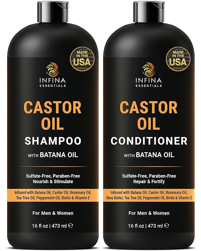 INFINA ESSENTIALS Castor Oil Shampoo and Conditioner Set | 16 fl oz Each | with Batana Oil | Strengthening, Thickening & Hydrating Formula | Supports Hair Growth & Fuller, Healthier Hair