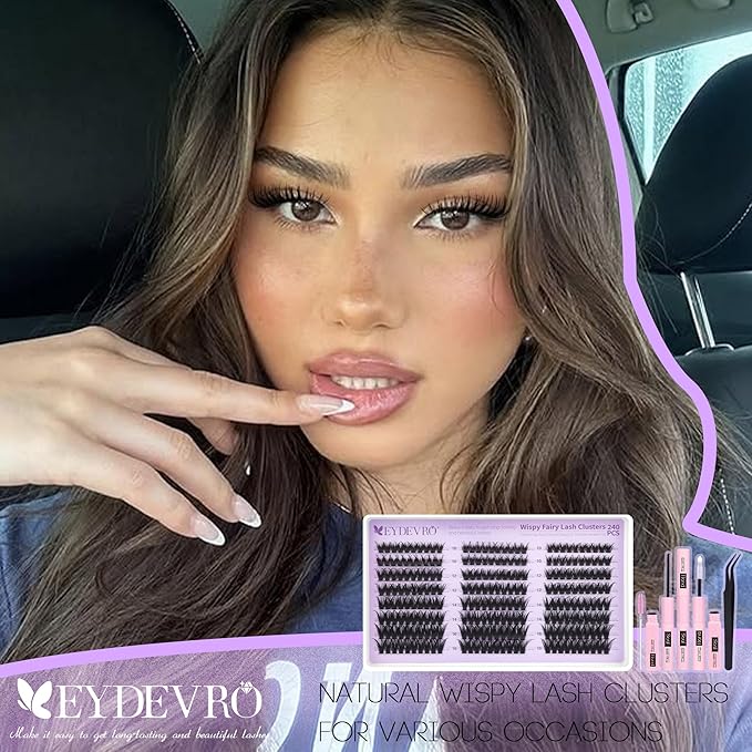 EYDEVRO Fairy Lash Clusters Kit Wispy Eyelash Clusters with Spikes 10-16mm Lash Extension Kit D Curvature Volume Cluster Eyelash Extensions Kit Individual Lashes Lash Bond and Seal Tweezers Brushes