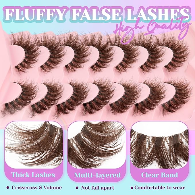 Losha Brown Lashes Volume False Eyelashes Fluffy Cat Eye Lashes 7 Pairs Crisscross Lashes Strips with Clear Band 8-18mm Thick Fake Eyelashes (FC03 Brown)