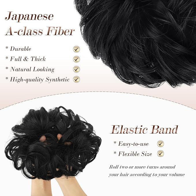 FESHFEN Messy Bun Hair Piece - Wavy Synthetic Chignon Scrunchies for Instant Volume, Elastic Bun Ponytail Hair Extensions Thick Hairpieces for Women, Black 1.50 oz