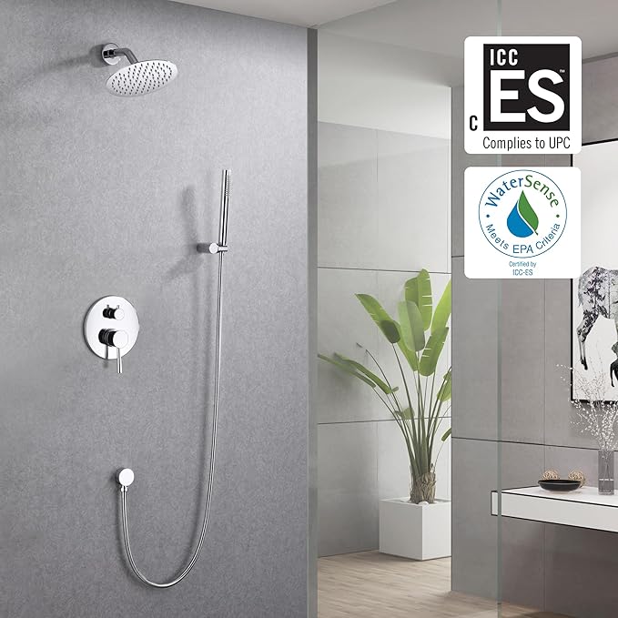 SUMERAIN Rain Shower System, Wall Mounted Bathroom Shower Faucet Set with 8" Shower Head and Brass Hand Shower, Rough in Valve Included