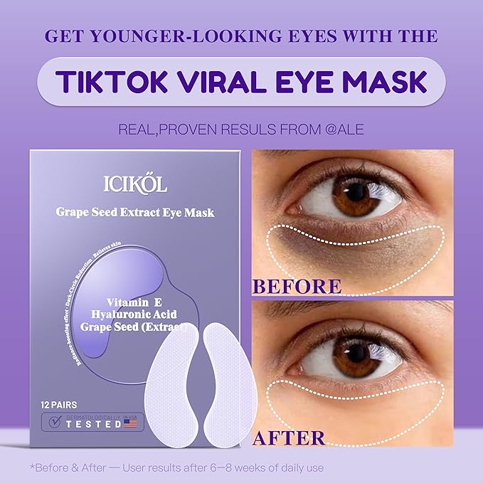 ICIKOL Collagen Under Eye Patches for Puffy Eyes and Dark Circles, Under Eye Mask for Radiance Boost, Deep Hydrating Undereye Mask Patches for Treatment with Women Beauty (12 Pairs, Grape seed)