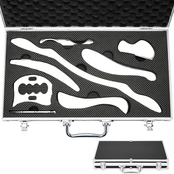 8 in 1 Stainless Steel Gua Sha Muscle Scraper Massage Tool Set IASTM Tools Portable Scraping Tool Physical Therapy Great Soft Tissue Mobilization with Carrying Case