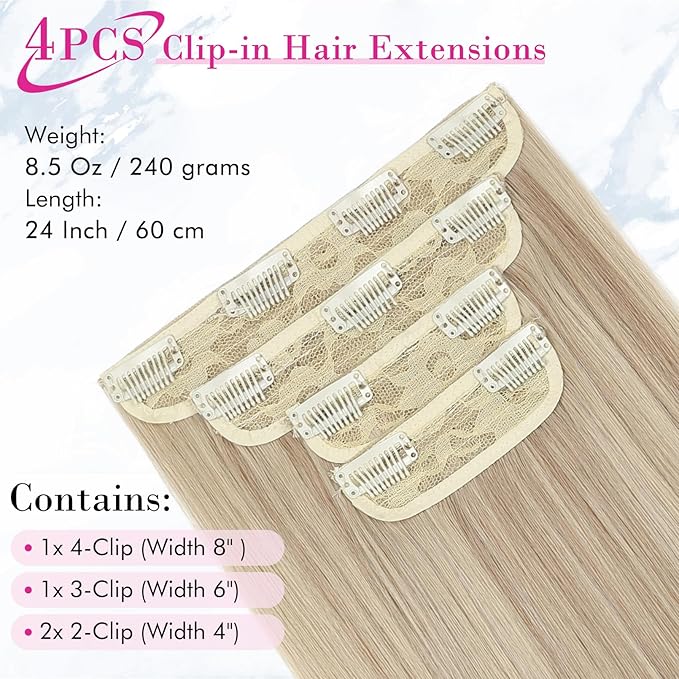 REECHO Hair Extensions, 24" Straight Long Thick 4 PCS Set Thick Clip in on Hair Extensions -Dark Ash Blonde