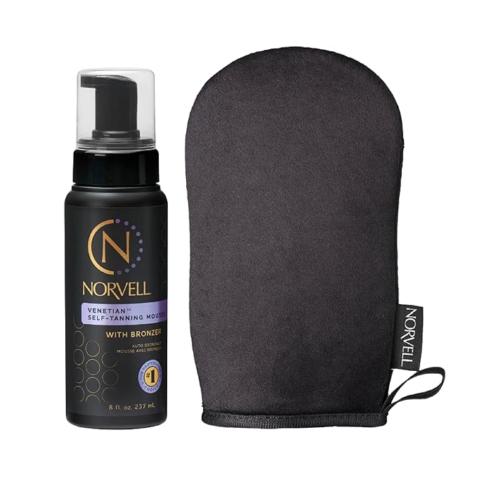 Norvell Sunless Self Tanning Bundle - Venetian Self Tanner Mousse with Bronzer, 8 Fl Oz + Streak-Free Tan Applicator Mitt - Premium Natural Looking Self Tanning Foam and Washable Self Tan Mitt