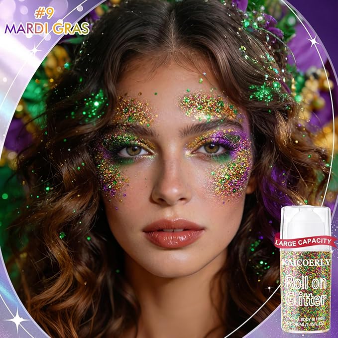Mardi Gras Roll-on Holographic Body Glitter Gel for Women, Sparkle Chunky Glitter Makeup for Mardi Gras Christmas New Year Festival Halloween Party Rave, Face Glitter Makeup for Face Body Hair Lips