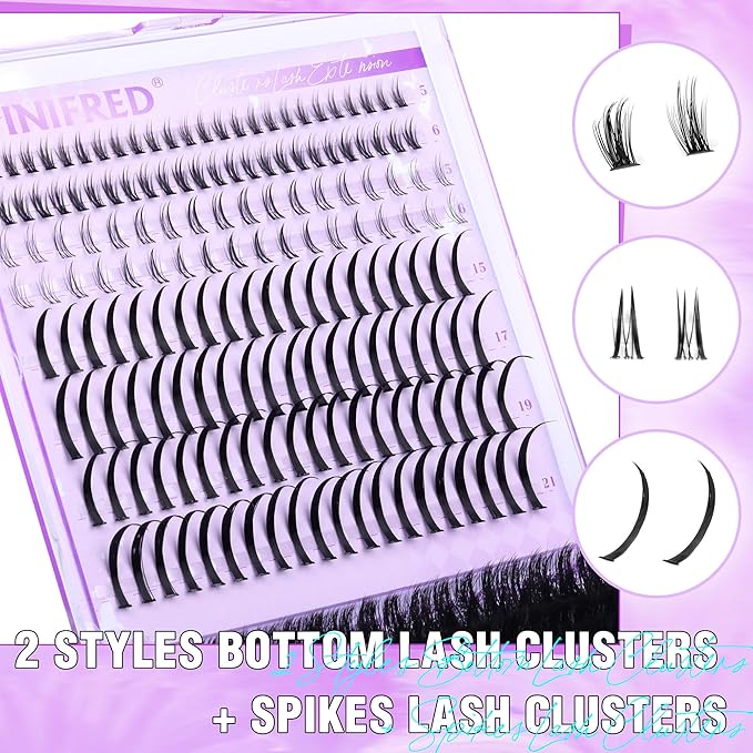 Winifred Lash Clusters with Bottom Lashes 14-20MM Eyelash Clusters with Spikes Thick Volume Cluster Eyelash Extensions 100D Full Individual Lashes D Curly Lash Extension (356pcs)